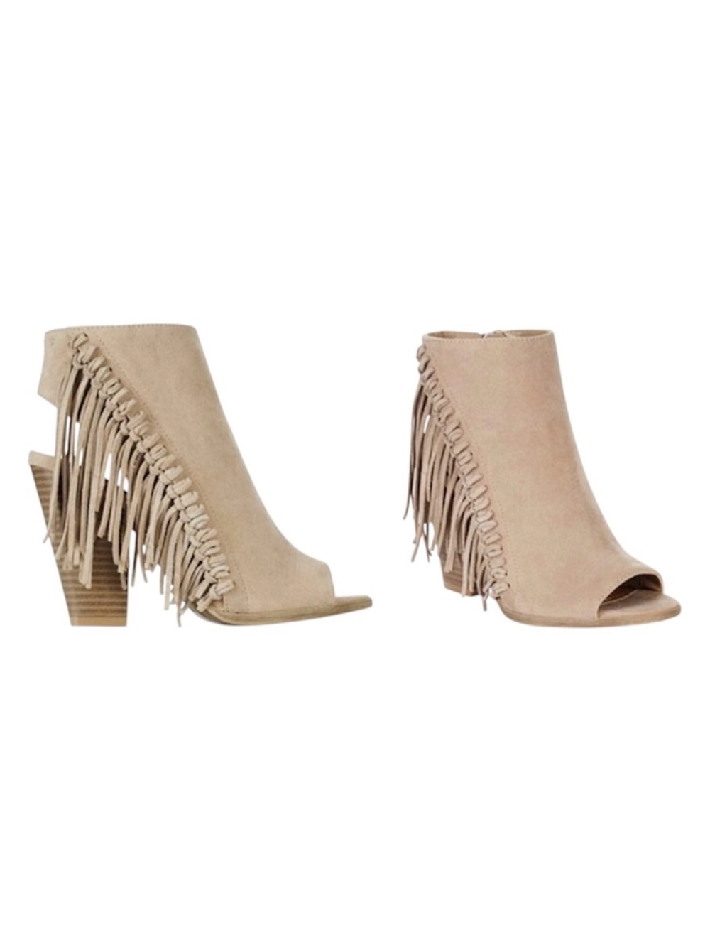 Rampage Lauryn Fringe Peep Toe Ankle Booties Zipper Neutral Beige Sz 8
